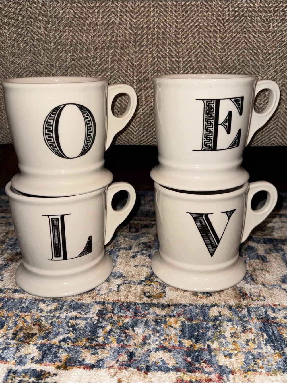 ANTHROPOLOGIE SET 4 Ceramic white initial letter monogram alphabet ‘LOVE’ mugs